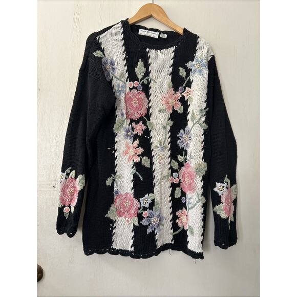 Vintage Maggie Lawrence Cardigan 80s Black Knit Flower Sweater Medium Read - Picture 5 of 16